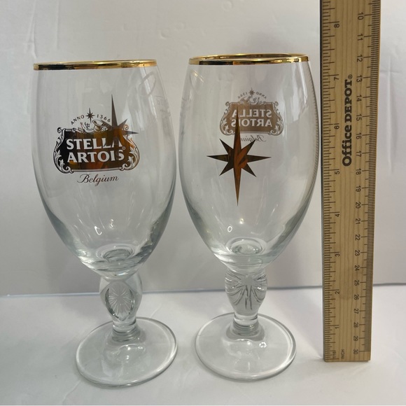 Stella Artois Belgium Beer Glasses Chalice 40CL Set of 2 Gold Rim - Picture 2 of 15